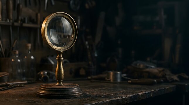 Vintage magnifying glass on brass stand sitting on dark industrial workshop workbench.