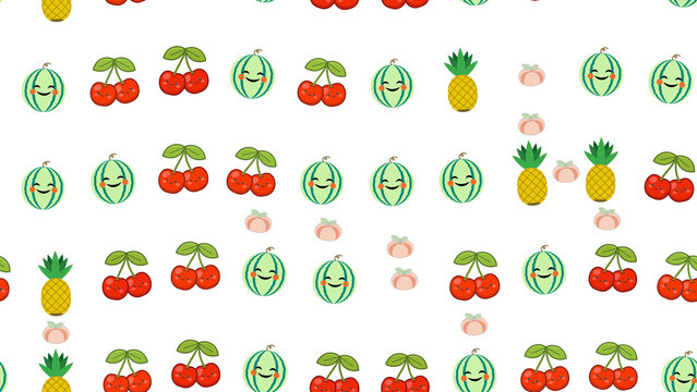 Seamless pattern of cartoon fruits with smiling faces