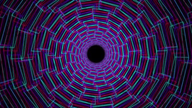 Abstract tunnel motion with glowing neon brick texture in a continuous loop digital graphic display.