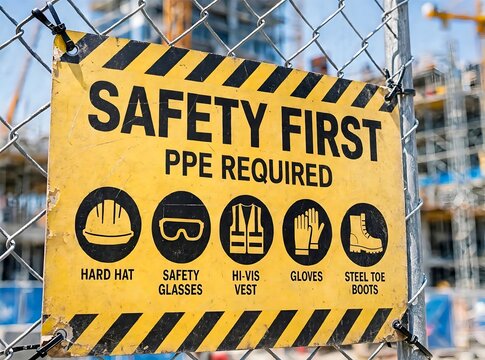 Construction site safety sign with PPE requirements on chain link fence