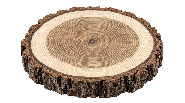 Round wood slice cross section showing tree growth rings isolated on white background