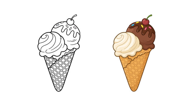 Coloring book page featuring a delicious cartoon ice cream cone with vanilla and chocolate scoops, chocolate syrup, colorful sprinkles, and a cherry on top alongside its vibrant colored vers