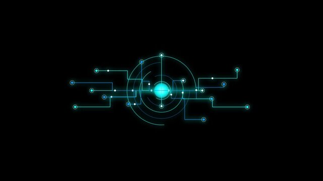 Digital data network HUD interface with glowing neon nodes connected on dark black tech background.