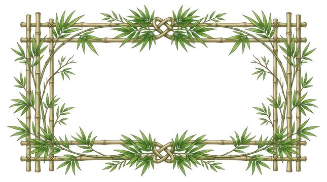 A bamboo frame with green leaves and a knot in the center, set against a white background.