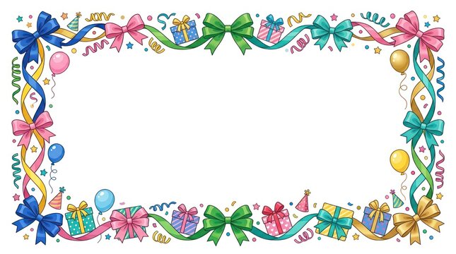 A colorful, festive border with ribbons, balloons, and gift boxes, set against a white background.