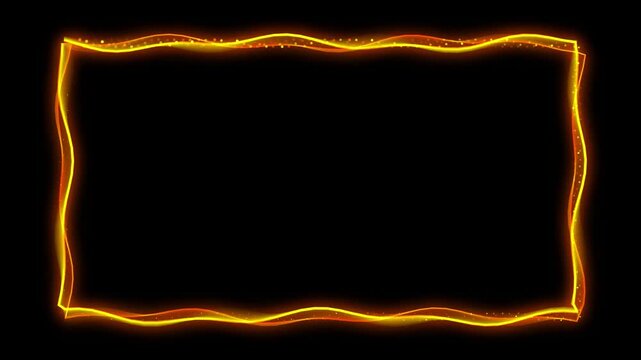 Fiery glowing rectangular border frame with shimmering light particles on black background motion clip.