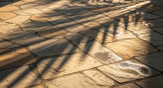 Sunlight and shadow across a stone tile patio with irregular shapes and water puddles in the sunlight