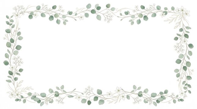 A watercolor illustration of a green and white floral border with a white background.