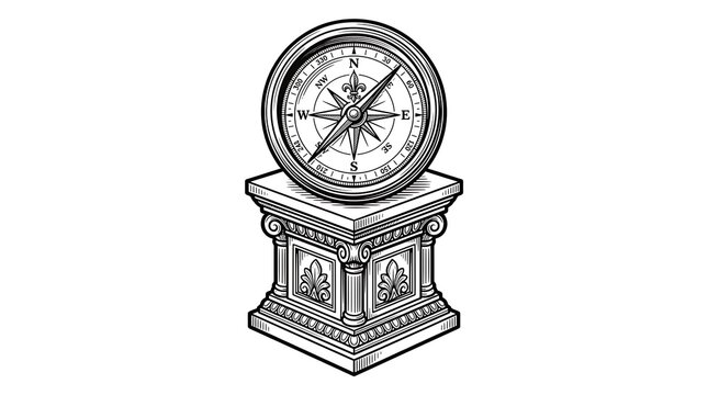 Vintage Compass on Classical Ornate Pedestal Illustration in Woodcut Engraving Style Isolated