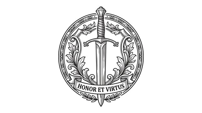 Vintage Heraldic Crest Emblem with Sword and Acanthus Leaves Scroll Honor Et Virtus Engraving Style