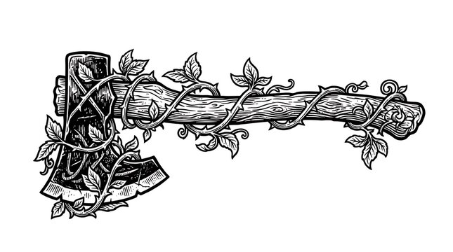 Hand drawn vintage axe illustration wrapped in thorny vines and leaves, black and white vector art