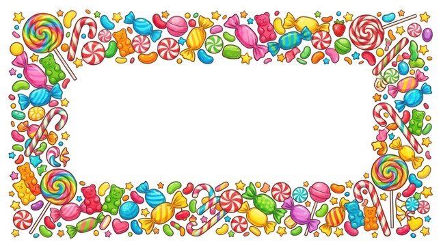 A colorful, festive candy frame with a variety of colorful candies and lollipops.