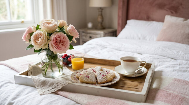 A delightful breakfast tray with flowers and pastry on a cozy bed in a light filled bedroom setting