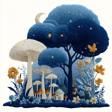 Embroidery patch design threadwork fantasy theme whimsical embroidered forest scene with mushrooms, blue trees, and tiny house under crescent moon