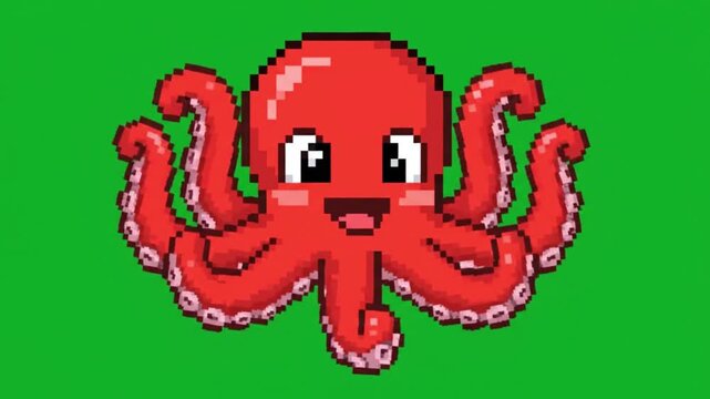 Pixel Art Happy Red Octopus Animation on Green Screen Chroma Key Background