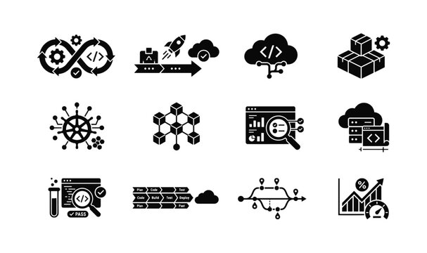 DevOps  CI/CD Rocket Deployment Icon Vector Set - Kubernetes Helm Cluster, Microservices Cube, Passed Automated Test, Git Branching Pipeline  Performance KPI Glyph Clipart Bundle