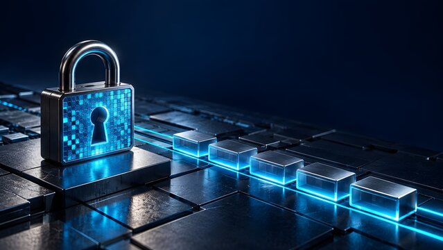 Futuristic digital padlock on glowing metallic grid representing secure server infrastructure and encrypted data architecture