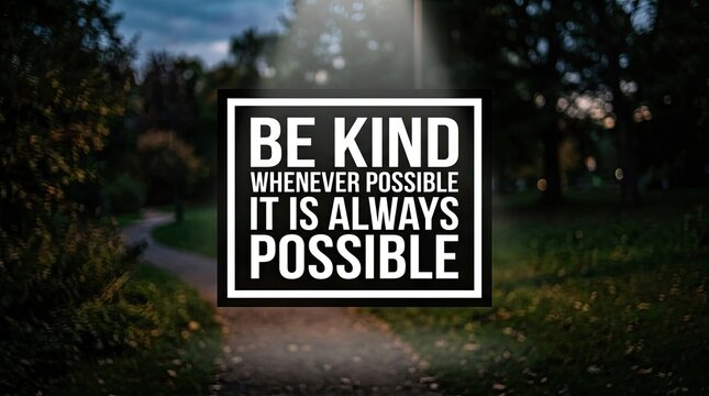 Inspirational quote be kind overlayed on a blurred outdoor background with natural light