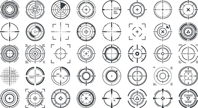 Futuristic radar crosshair target and sniper scope aim interface vector icon mega collection for gaming UI