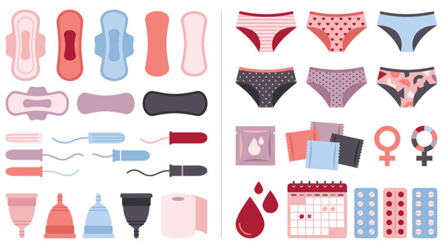 Feminine hygiene and menstrual health collection with sanitary pads tampons and underwear.