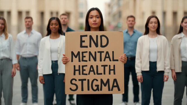 Diverse group holding sign about mental health awareness during peaceful protest motion video clip