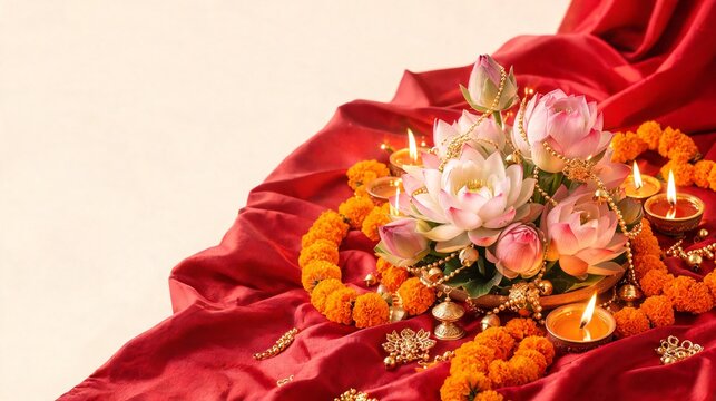 Elegant Devotional Navratri Background with Diya, Flowers and Golden Decorations