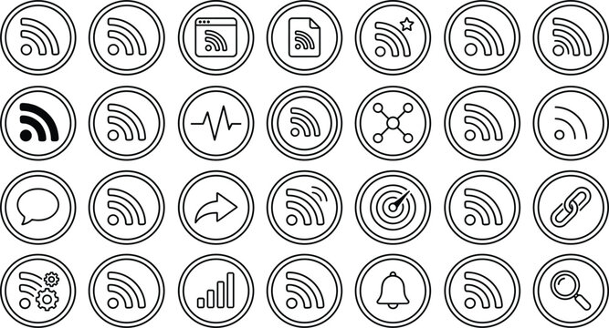 Wireless network connection and rss feed line icons vector set featuring internet wifi signal broadcast communication technology symbols