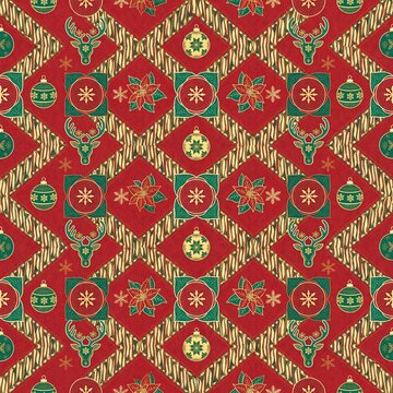 Symmetrical red green gold Christmas batik pattern with reindeer and poinsettia geometric