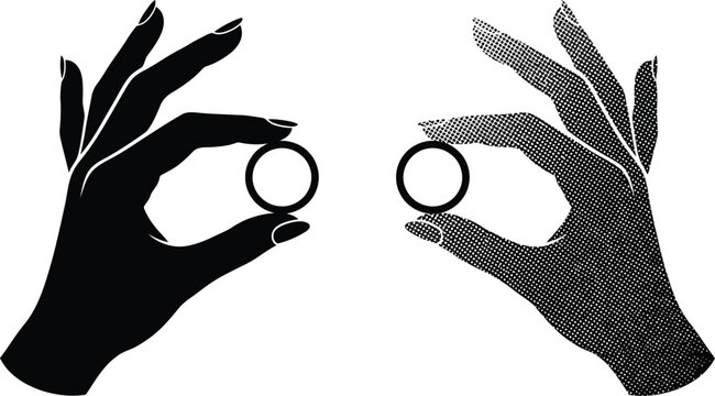 Two stylistic graphic hands holding small wedding bands in contrasting black and dotted pattern silhouette style