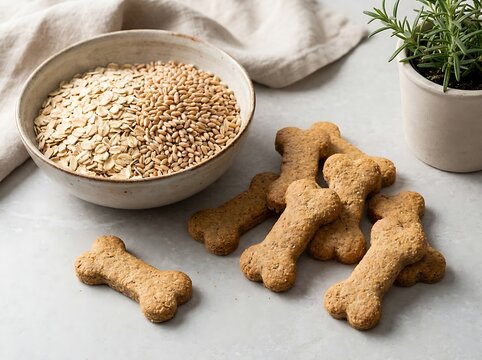 Healthy dry bone shaped dog treats served with a bowl of natural grain mix on a light grey surface. bone shaped biscuits