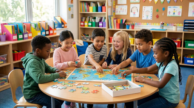 Diverse group of happy young children playing together with a puzzle at a round table in a classroom