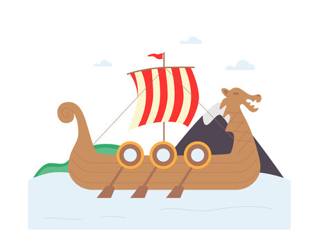 A Viking ship with a dragon figurehead sailing on blue water. Norwegian illustrations. Flat vector concepts.