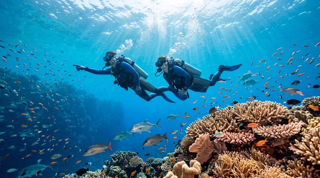 Two scuba divers swimming over a vibrant coral reef surrounded by schools of tropical fish in clear blue ocean water with sunbeams from the surface above.