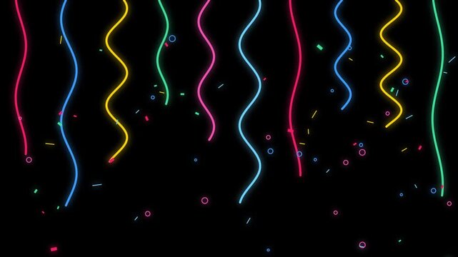 Neon serpentine streamers falling down with festive colorful confetti isolated on black background.