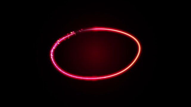 Red neon glowing oval frame with moving light particles on dark background for digital marketing.