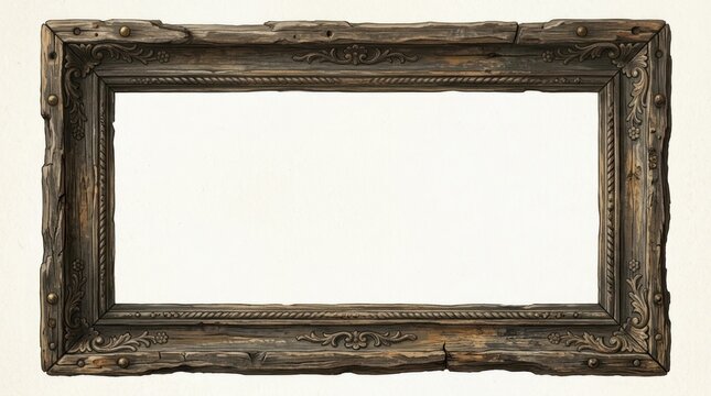 An old, weathered wooden frame with a textured surface and a hole in the center, set against a plain white background.