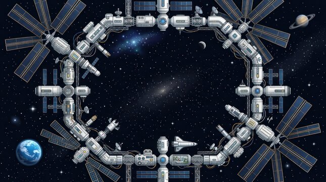 A space station with various modules and structures in orbit around the Earth. The space station concept of space exploration and technology.