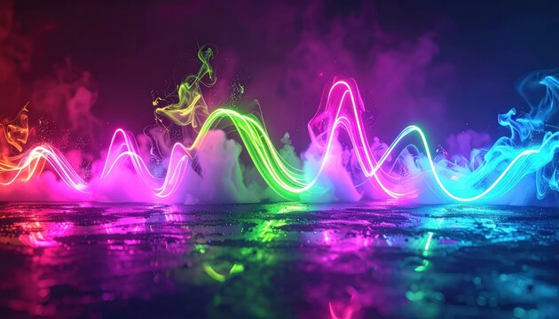 Vibrant Neon Sound Wave with Smoke and Reflections on Wet Surface