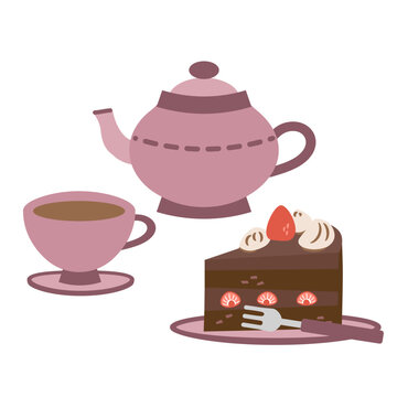 チョコレートケーキとティーカップとティーポットのイラスト素材セット
