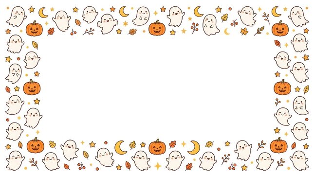 A Halloween-themed frame with pumpkins, ghosts, and leaves.