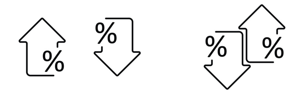Percentage rate arrow icon set. Percent arrow up and down symbol. increase and decrease arrow icons. Up and down arrows with percentage pictogram.