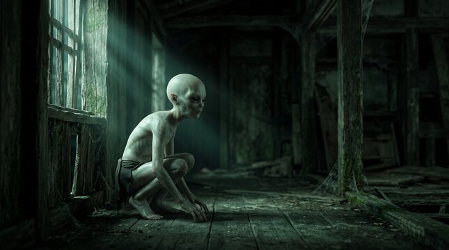 Eerie Alien Creature in Dark Abandoned Room with Light Ray.