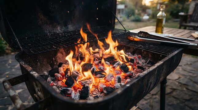 Outdoor Barbecue Grill with Flames and Charcoal.