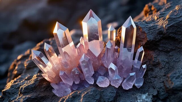 Gleaming amethyst crystal cluster, bathed in warm sunlight, showcases its multifaceted geometric facets and shimmering pinkish-purple hues, evoking natural beauty and geological wonder
