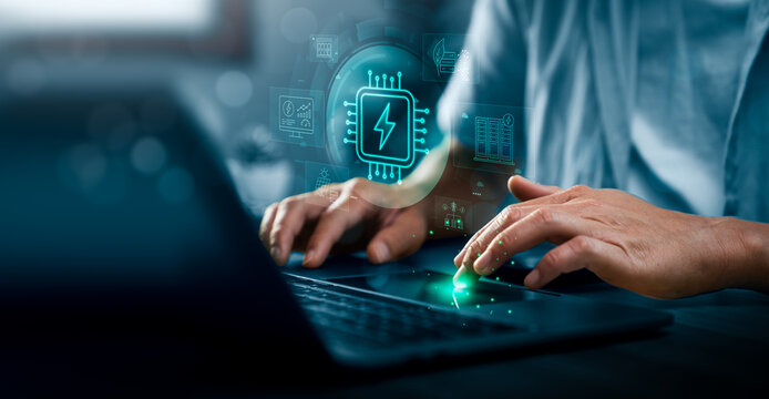 AI data center energy management concept with professional using laptop and virtual power chip interface showing server infrastructure, renewable electricity, battery storage and smart grid analytics