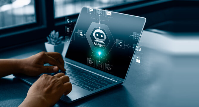 AI agent automation concept with person using laptop and virtual workflow interface connecting chatbot, email, database, analytics, security, coding and intelligent business processes