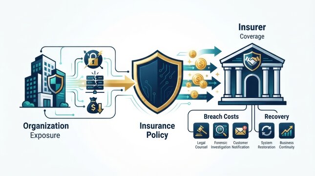 This graphic shows how organizational exposure necessitates insurance and outlines coverage and recovery after a breach.