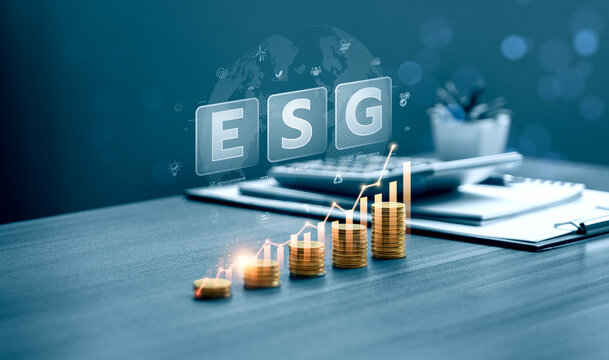 ESG investment concept with stacked coins and rising financial chart showing environmental, social and governance strategy, sustainable finance, responsible growth and business performance