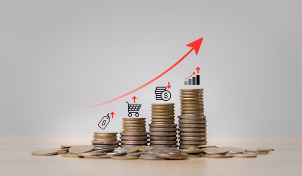 Inflation rate concept with stacked coins, rising red arrow and price icons showing increasing cost of living, higher consumer prices, expenses and economic pressure