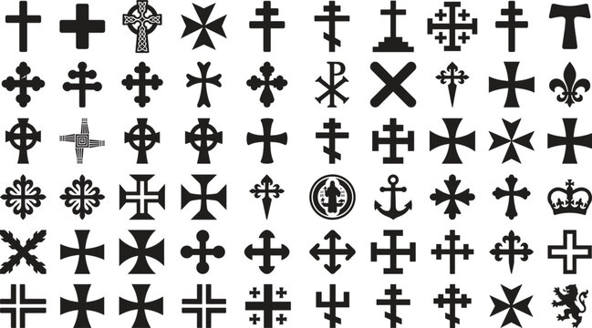 Christian cross variants vector set featuring black heraldic symbols celtic maltese orthodox and historical religious emblem shapes